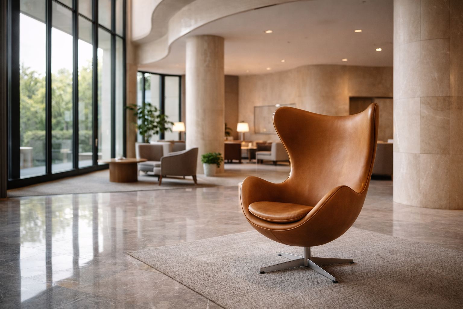Lobby luxuoso com cadeira Egg