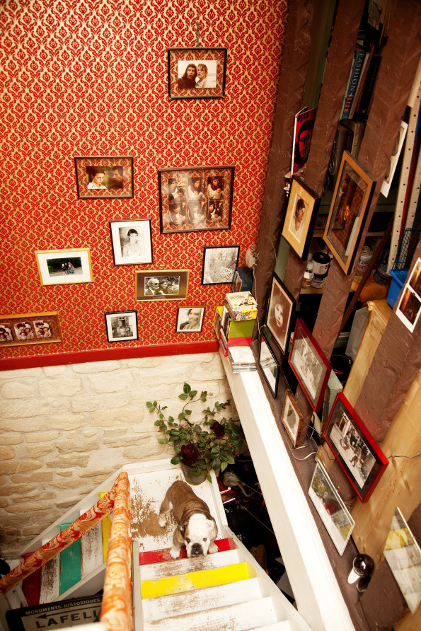 Escada com porta-retratos de família na parede