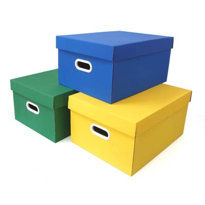 Caixa arquivo verde, azul e amarela