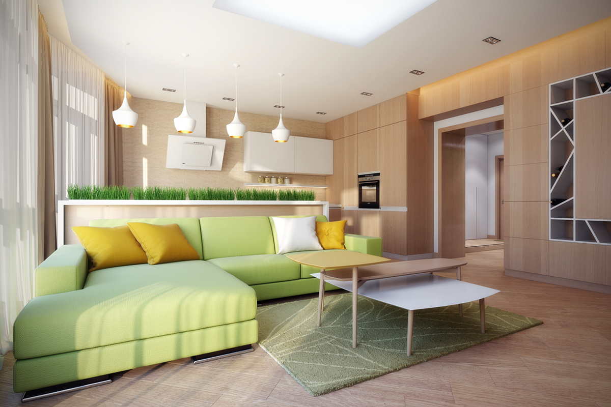 Apartamento Aconchegante - Sala ampla com estofados em cor cítrica verde limão