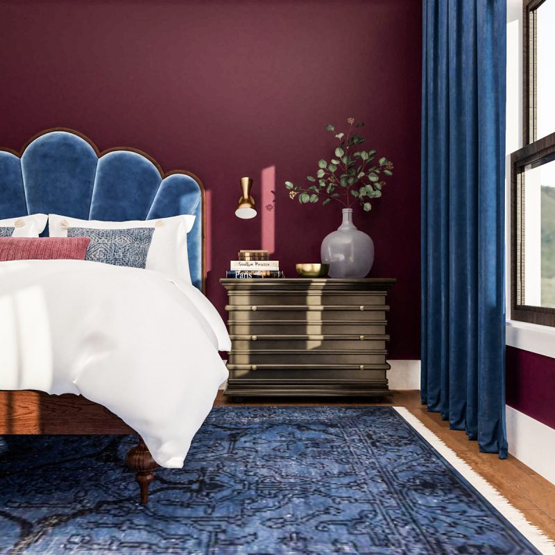 quarto vermelho móveis e decoração em azul