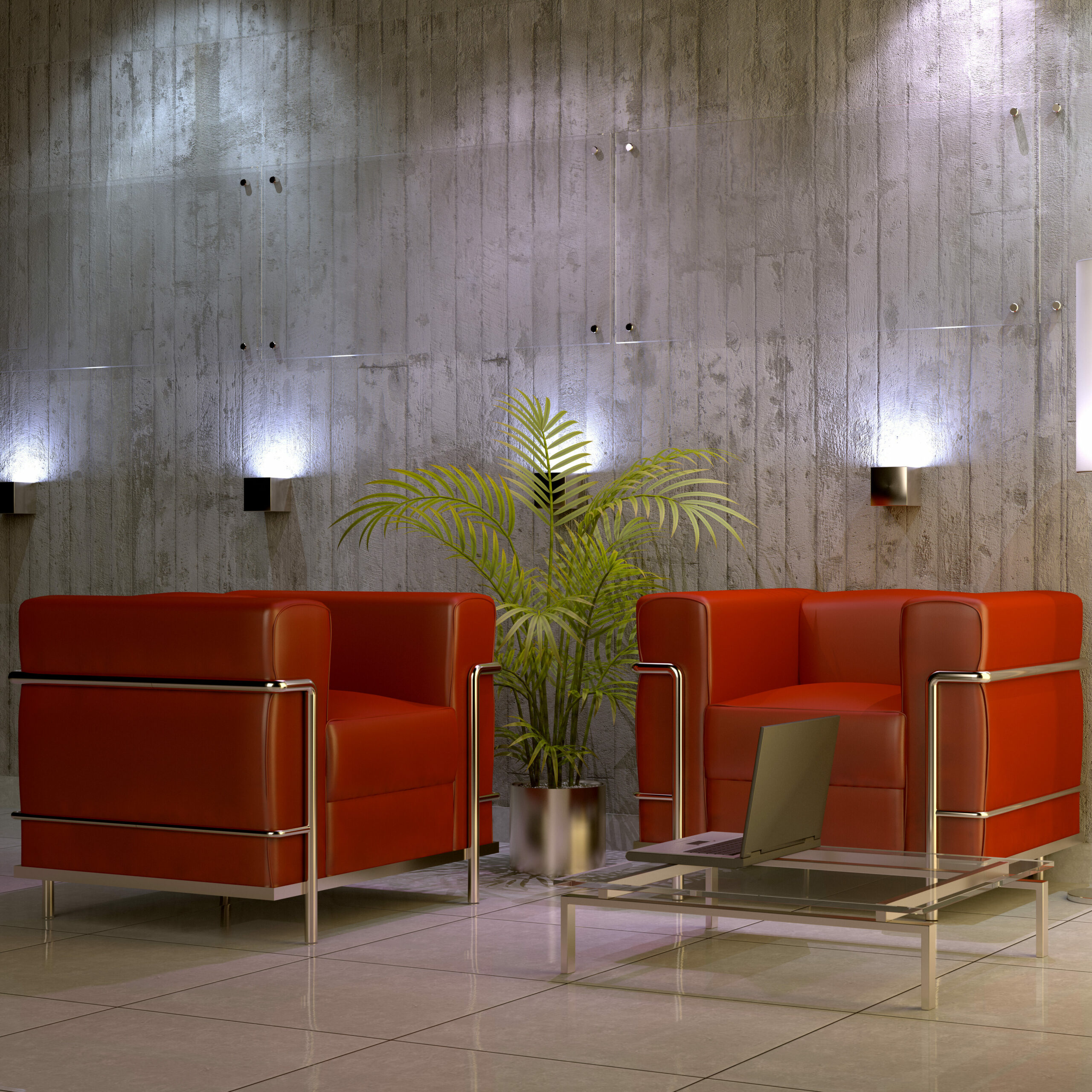Outro lobby moderno com as poltronas Le Corbusier (LC2)