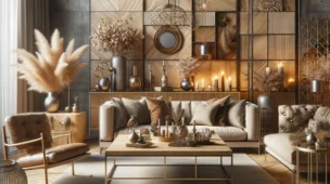 Luxuosa sala de estar que combina perfeitamente elementos modernos e rústicos. Móveis de madeira natural e metal são elegantemente combinados com tons terrosos, refletindo um charme rústico contemporâneo.