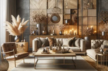 Luxuosa sala de estar que combina perfeitamente elementos modernos e rústicos. Móveis de madeira natural e metal são elegantemente combinados com tons terrosos, refletindo um charme rústico contemporâneo.