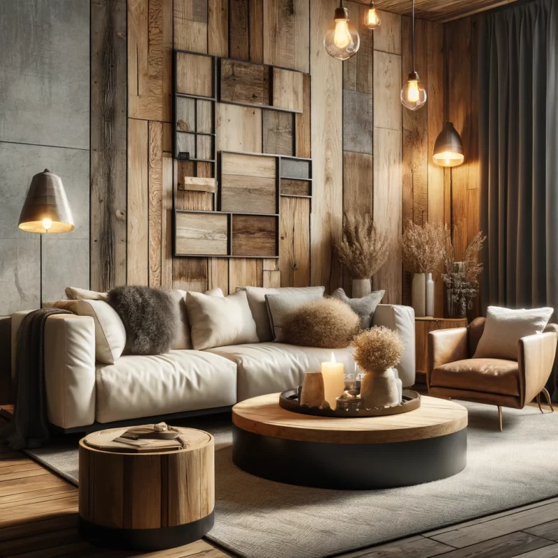 Esta sala de estar exemplifica o design rústico moderno com seus elementos de madeira natural e detalhes metálicos modernos. Assentos aconchegantes e iluminação ambiente criam um espaço acolhedor e estiloso