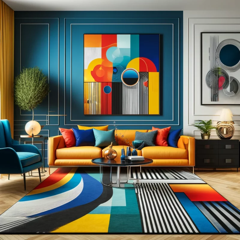 Sala de estar moderna que utiliza cores vibrantes e ousadas, com um sofá estiloso como peça central, cercado por arte abstrata colorida e um tapete contemporâneo, criando uma atmosfera dinâmica e convidativa.
