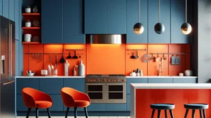 Esta cozinha chique apresenta um backsplash laranja vibrante com armários em azul profundo, aparelhos em aço inoxidável e iluminação minimalista, criando um espaço fresco e convidativo com cores marcantes.