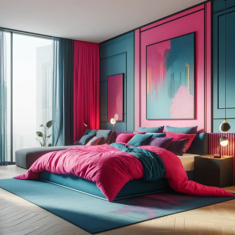 Este design de quarto destaca cores ousadas, com uma parede de destaque em magenta profundo complementada por toques de turquesa. Os móveis modernos e decorações artísticas criam uma atmosfera jovem e energética