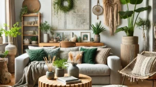 Esta sala de estar elegante e sustentável destaca móveis eco-friendly, incluindo um sofá confortável feito de materiais reciclados e uma mesa de centro de madeira recuperada.