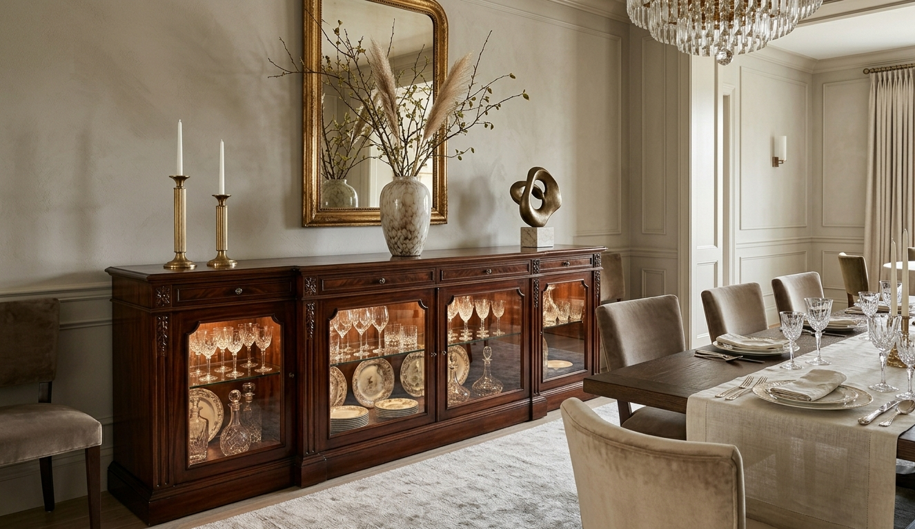 Aparador de sala decorado com luminária, vaso, livros de arte e quadro acima