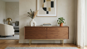 Aparador de sala em madeira com pés em latão e decoração minimalista