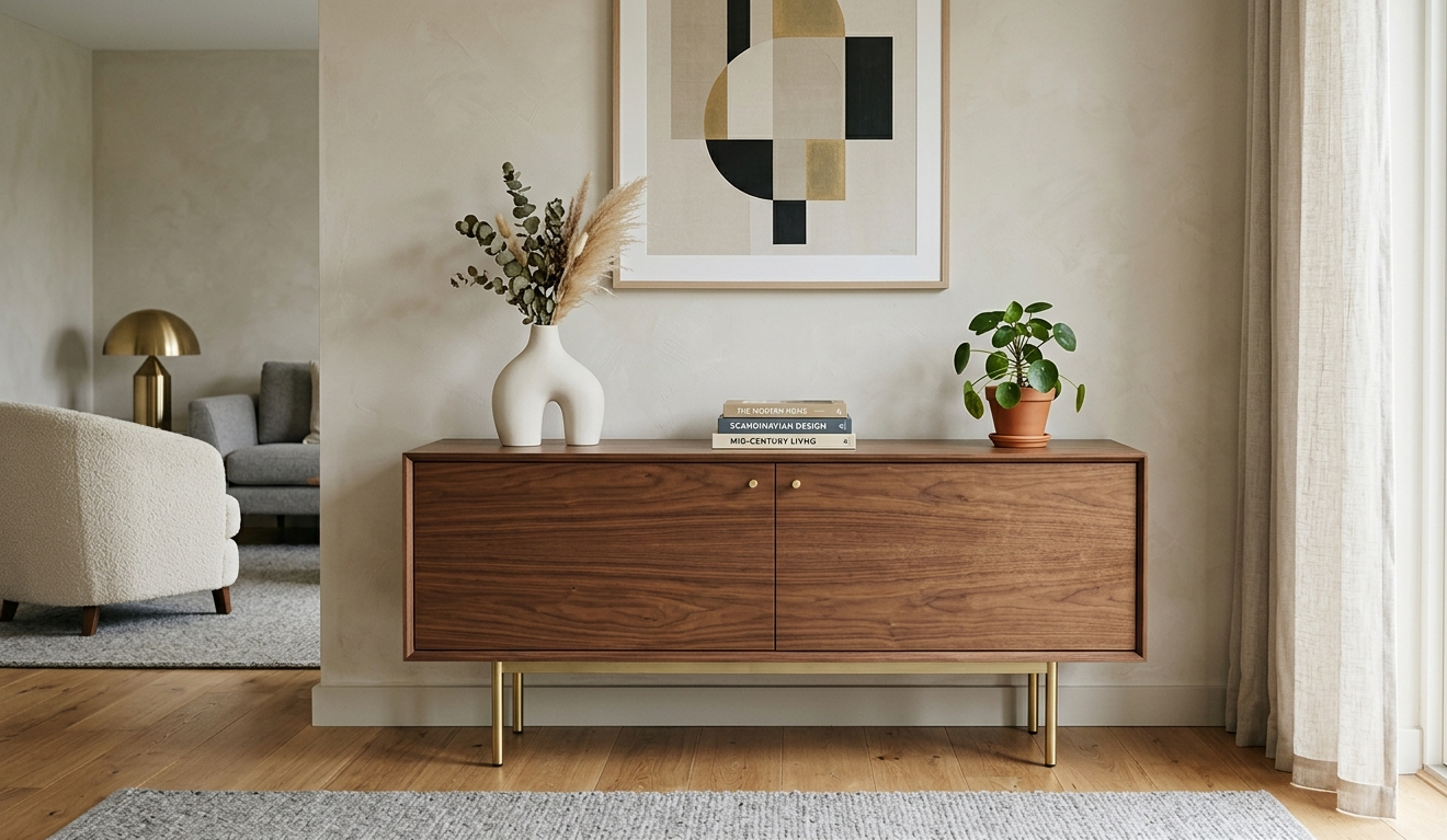 Aparador de sala em madeira com pés em latão e decoração minimalista
