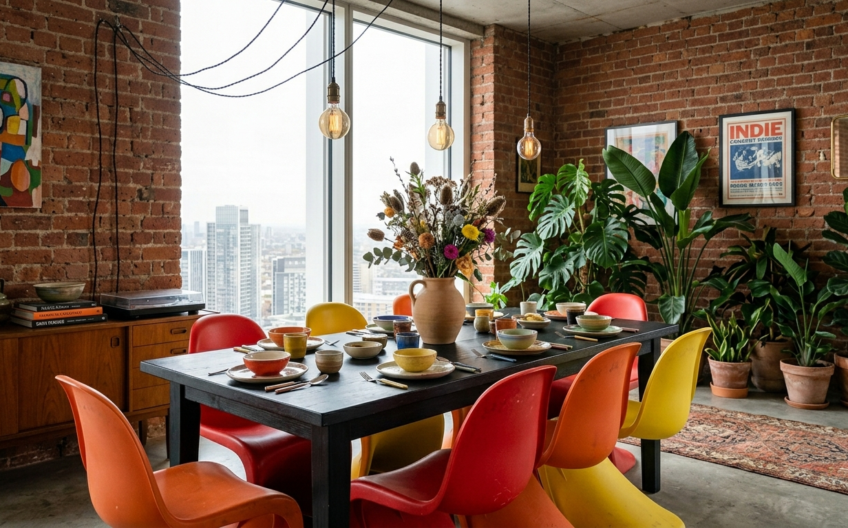 cadeiras para sala de jantar coloridas em loft industrial com tijolo aparente