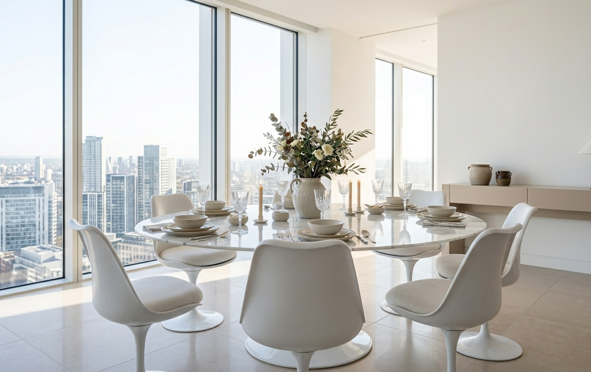 cadeiras para sala de jantar brancas com base pedestal em apartamento contemporâneo