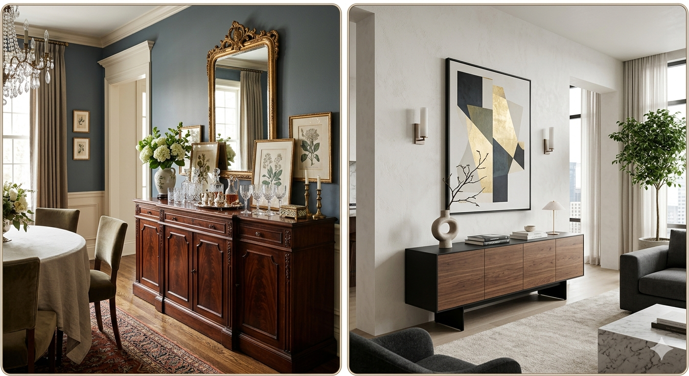 Comparação entre aparador de sala de jantar e aparador de sala de estar