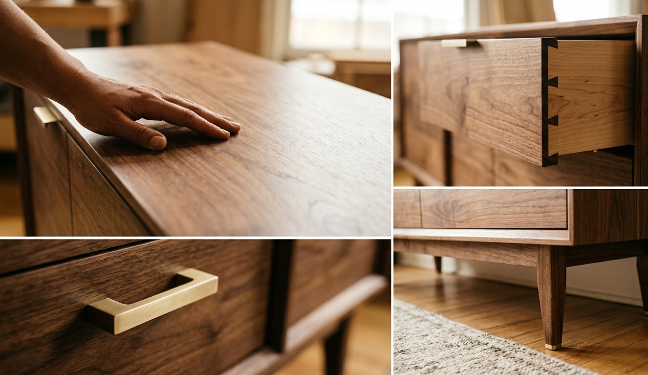 Detalhes de acabamento artesanal de aparador de sala em madeira maciça