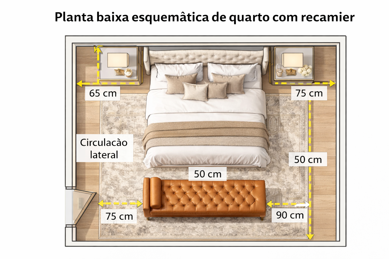 Planta baixa esquemática de quarto com recamier