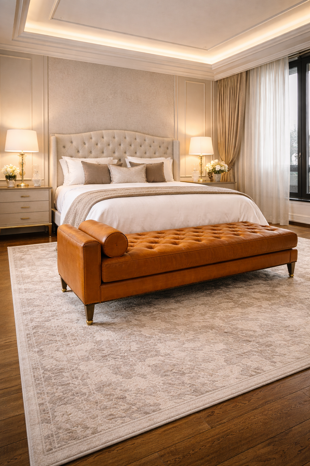 Recamier elegante em couro caramelo posicionado simetricamente aos pés de cama king com cabeceira estofada.
