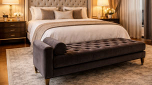 Recamier posicionado aos pés da cama em suíte master ampla com iluminação indireta e paleta neutra