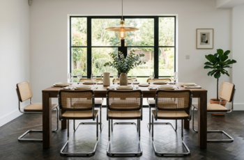 cadeiras para sala de jantar modelo Cesca com tubos cromados em ambiente minimalista