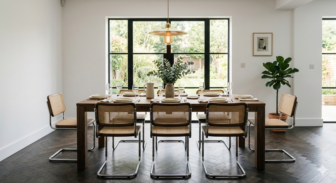 cadeiras para sala de jantar modelo Cesca com tubos cromados em ambiente minimalista