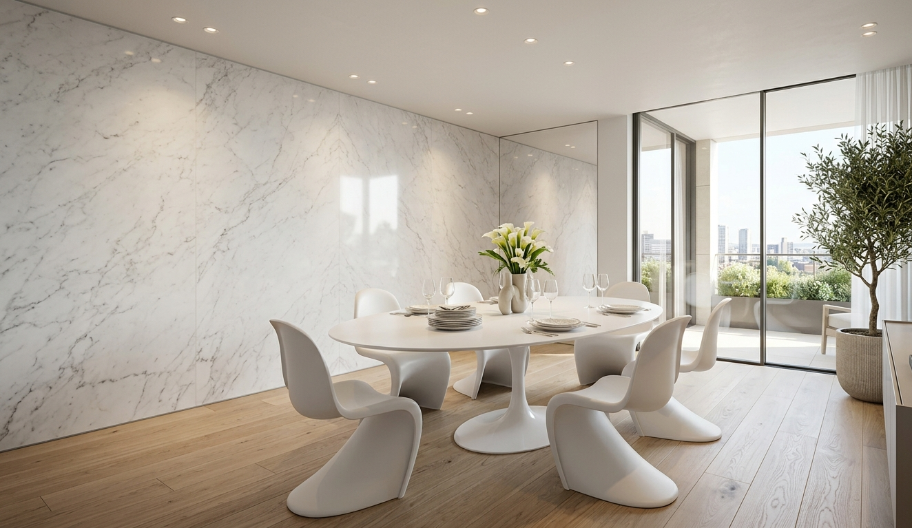 cadeiras para sala de jantar modelo Panton em branco ao redor de mesa Saarinen oval