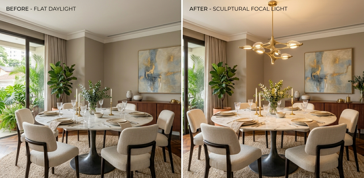 comparativo de sala de jantar com e sem lustre pendente — impacto da iluminação no projeto