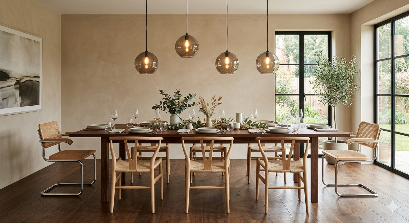 composição de cadeiras para sala de jantar misturando Wishbone e Cesca em mesa longa