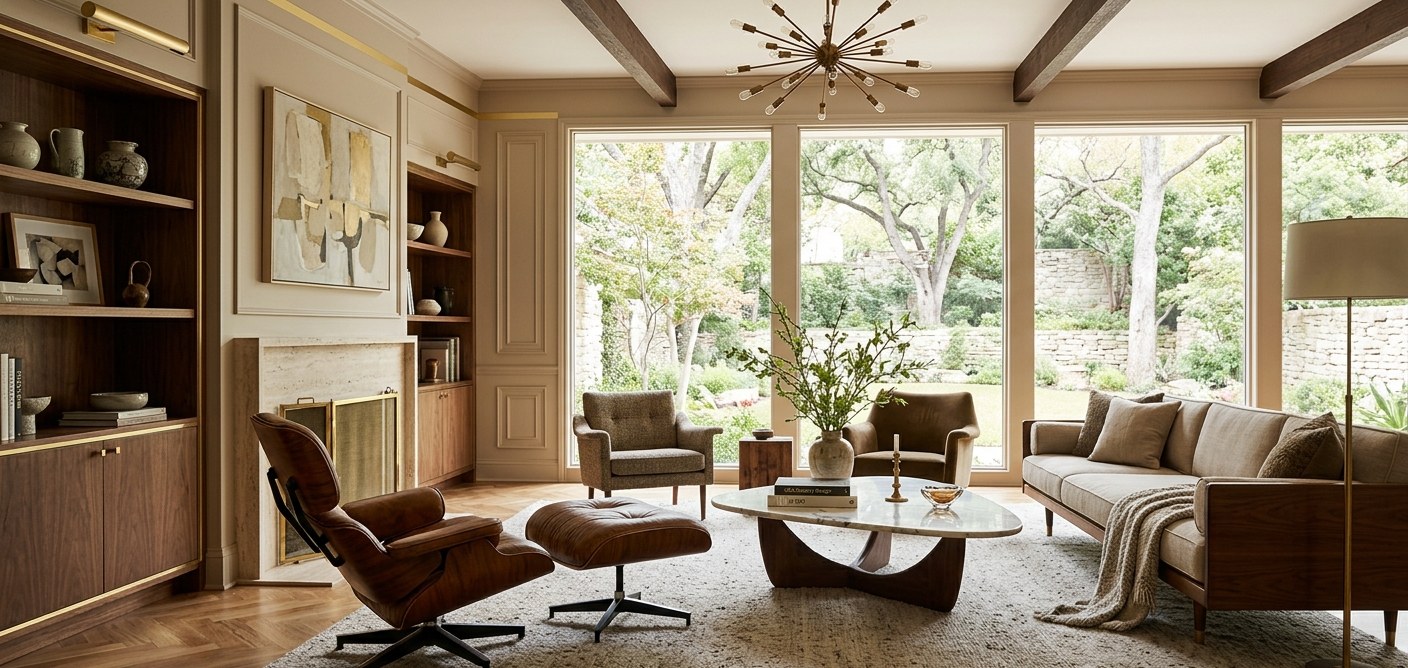 Designer de móveis: sala de estar luxuosa com poltrona Eames e mesa com tampo de mármore