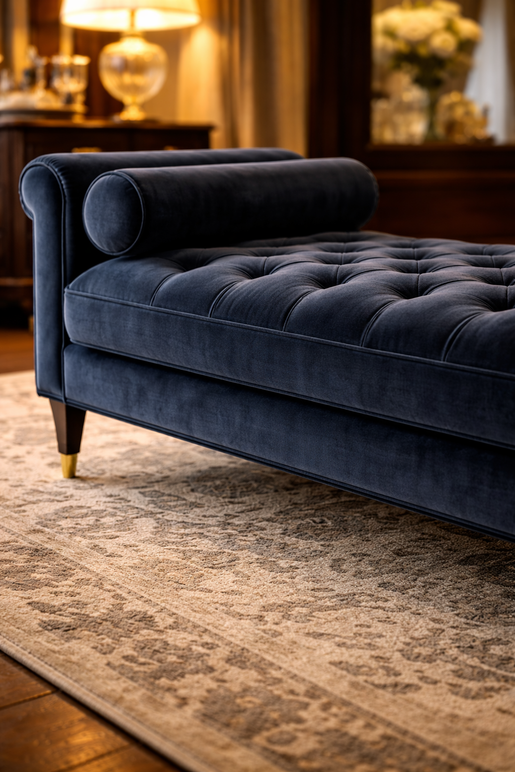 recamier elegante em veludo azul com pernas douradas — detalhe de acabamento luxo