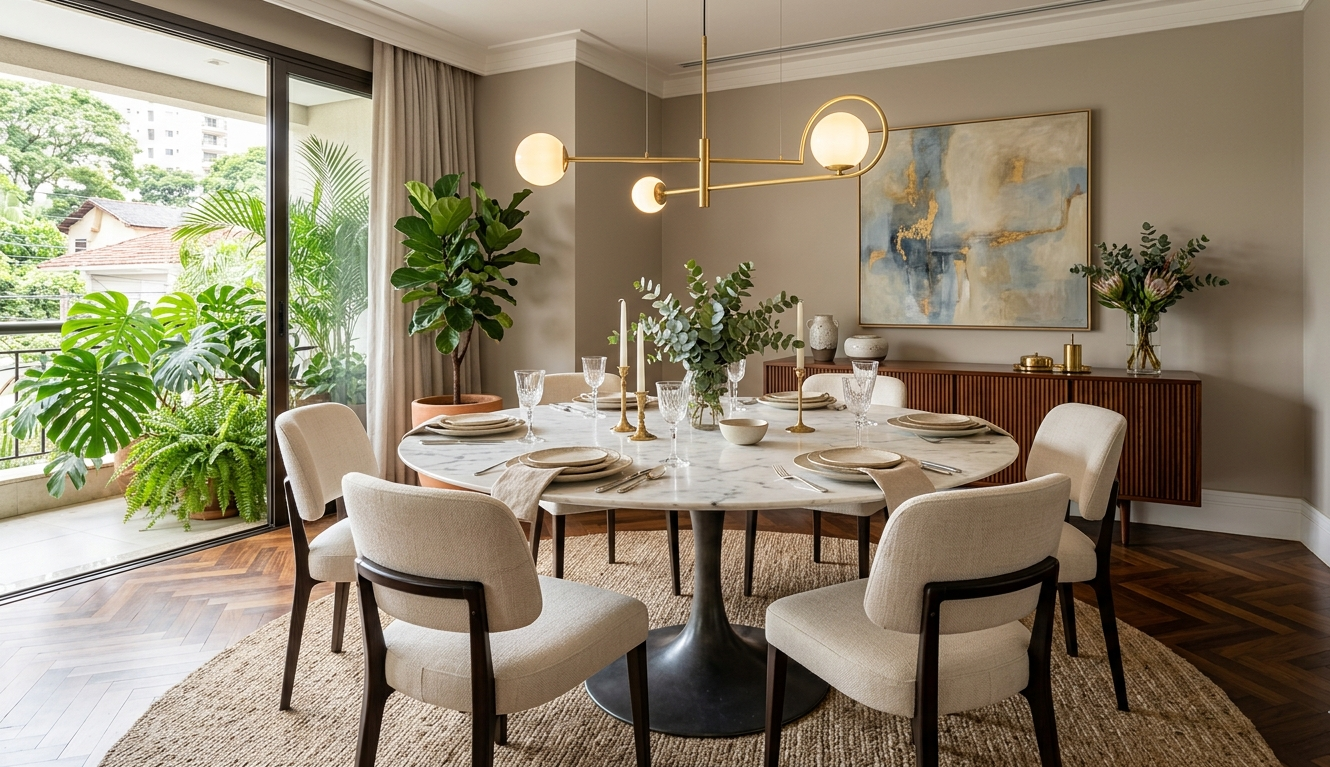 lustre para sala de jantar em latão sobre mesa redonda de mármore estilo Saarinen