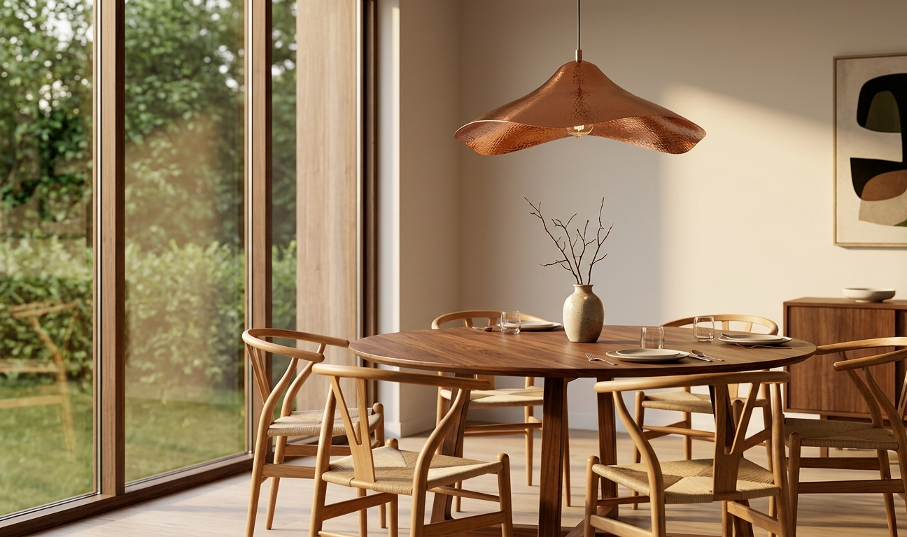 lustre para sala de jantar estilo mid-century em cobre sobre mesa redonda de madeira e cadeiras clássicas