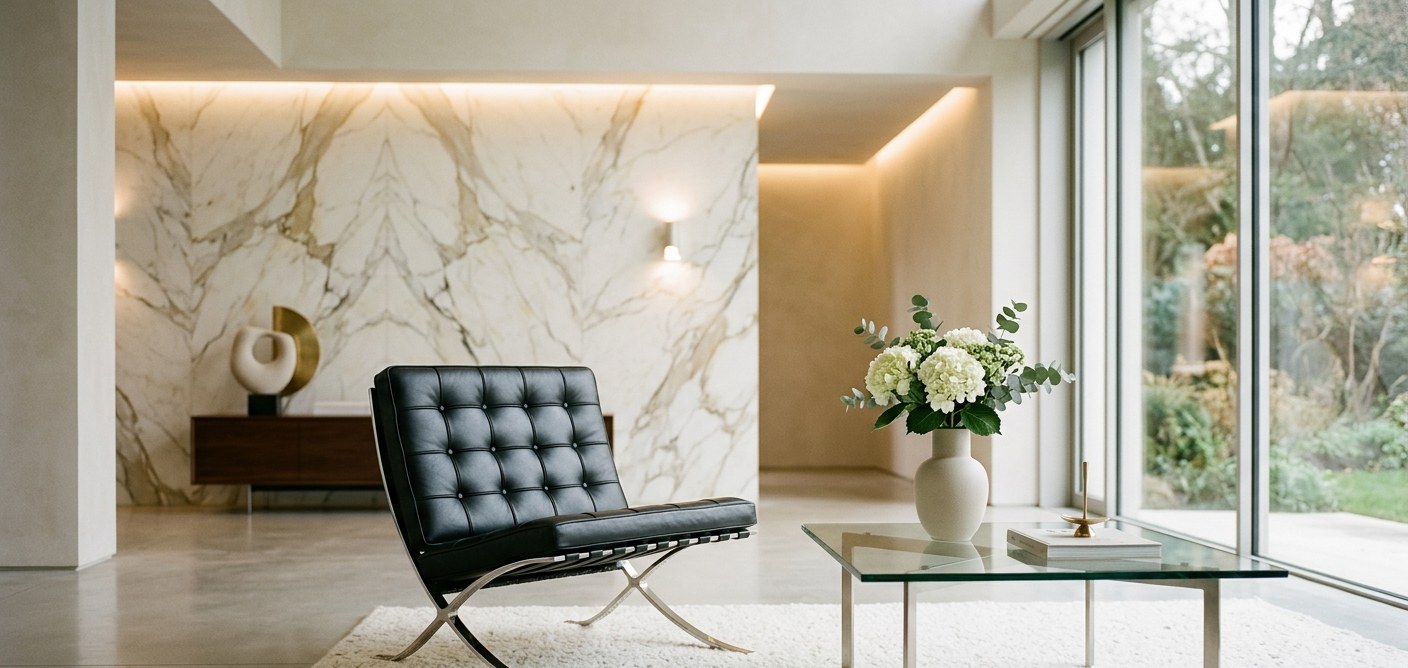Poltrona Barcelona em couro preto em sala de estar minimalista com parede de mármore