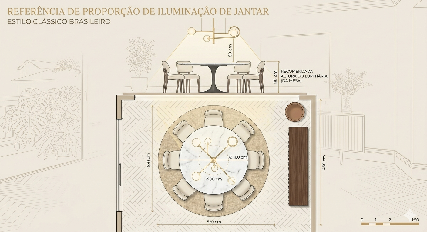 proporção correta do lustre para sala de jantar em relação ao tamanho da mesa — guia visual