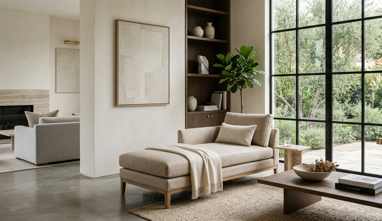 recamier elegante ao pé da cama em suíte master com iluminação indireta