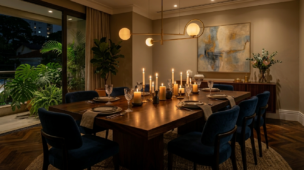 sala de jantar com lustre pendente regulado por dimmer — iluminação intimista para jantar noturno