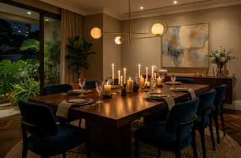 sala de jantar com lustre pendente regulado por dimmer — iluminação intimista para jantar noturno