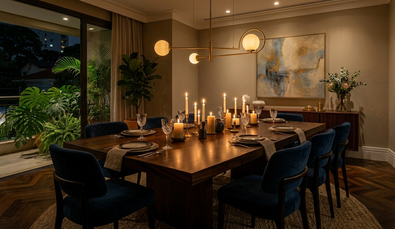 sala de jantar com lustre pendente regulado por dimmer — iluminação intimista para jantar noturno