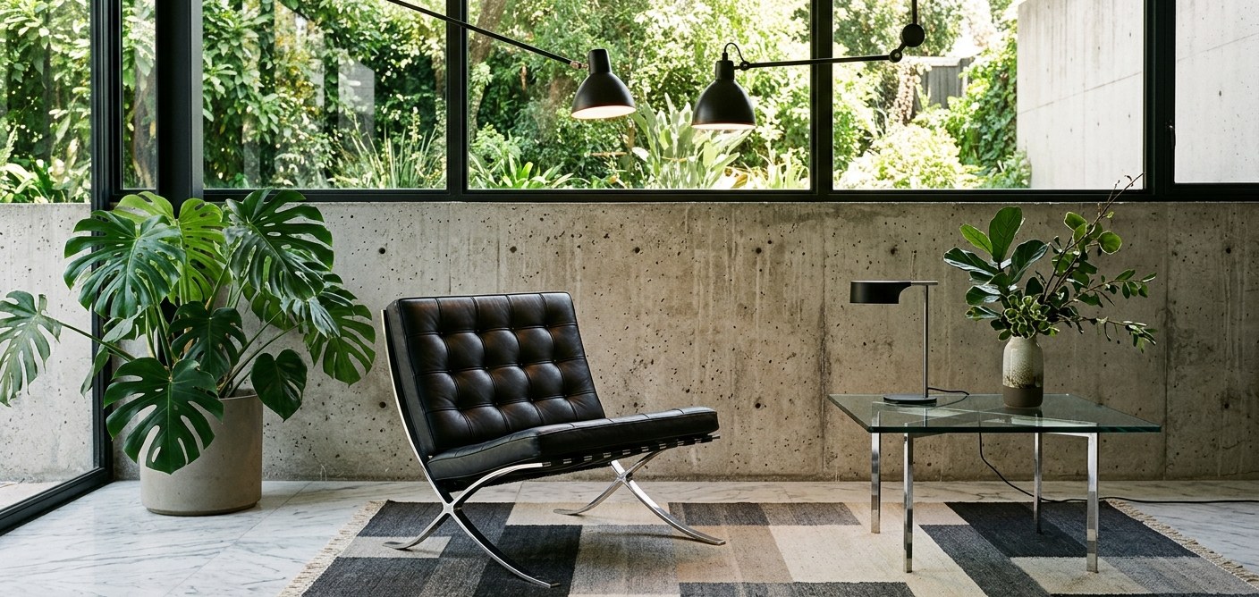 Sala de estar com Poltrona Barcelona e sofá moderno — design clássico e contemporâneo