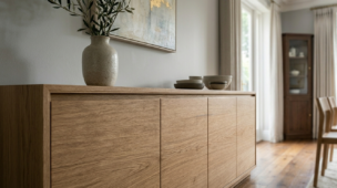 Buffet de madeira para sala de jantar com acabamento natural