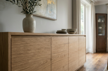 Buffet de madeira para sala de jantar com acabamento natural