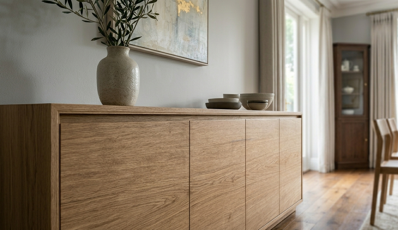 Buffet de madeira para sala de jantar com acabamento natural