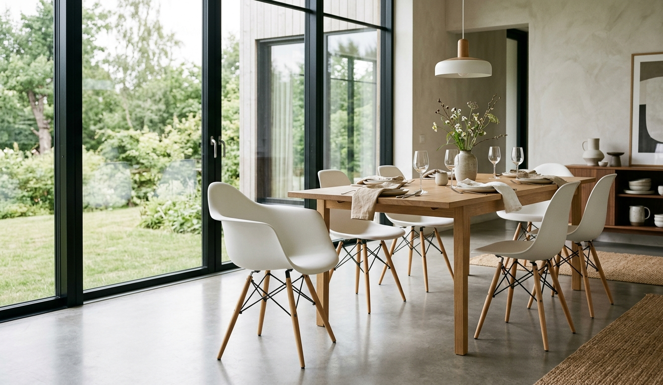 Cadeira Eames DSW em sala de jantar moderna com iluminação natural