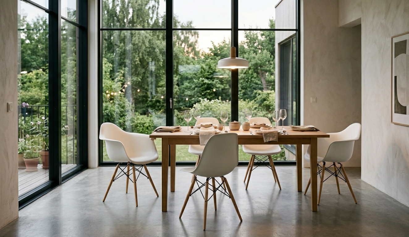 Cadeiras Eames DSW brancas em sala de jantar moderna minimalista