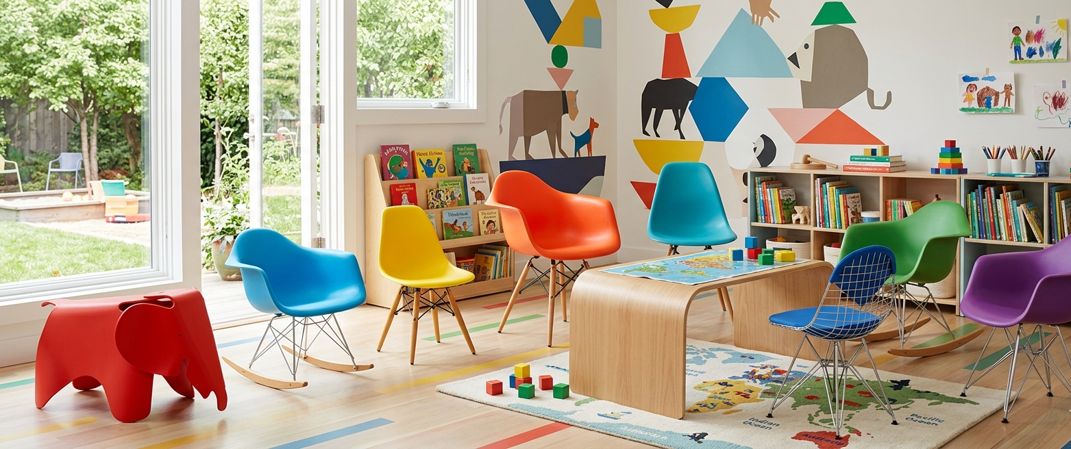 Cadeiras Eames infantis coloridas em sala de recreação moderna