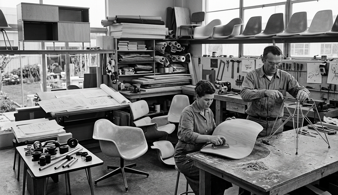 Charles e Ray Eames trabalhando em seu estúdio de design nos anos 1950