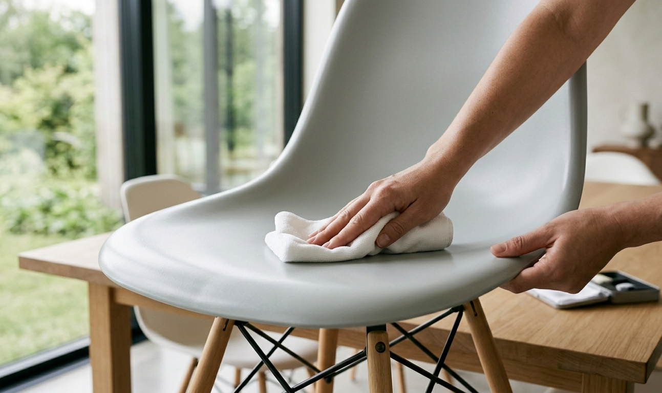 Cuidados de manutenção sendo aplicados em cadeira Eames