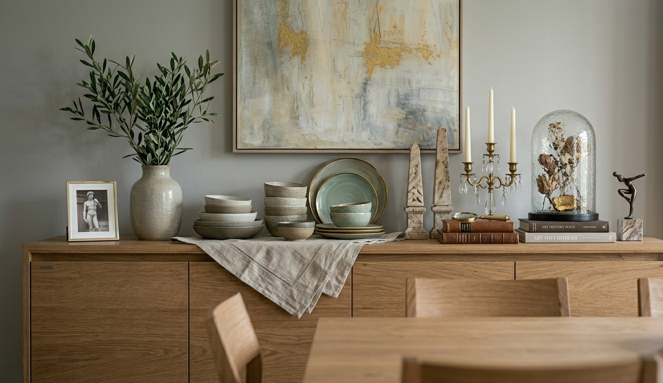 Decoração sofisticada sobre buffet para sala de jantar