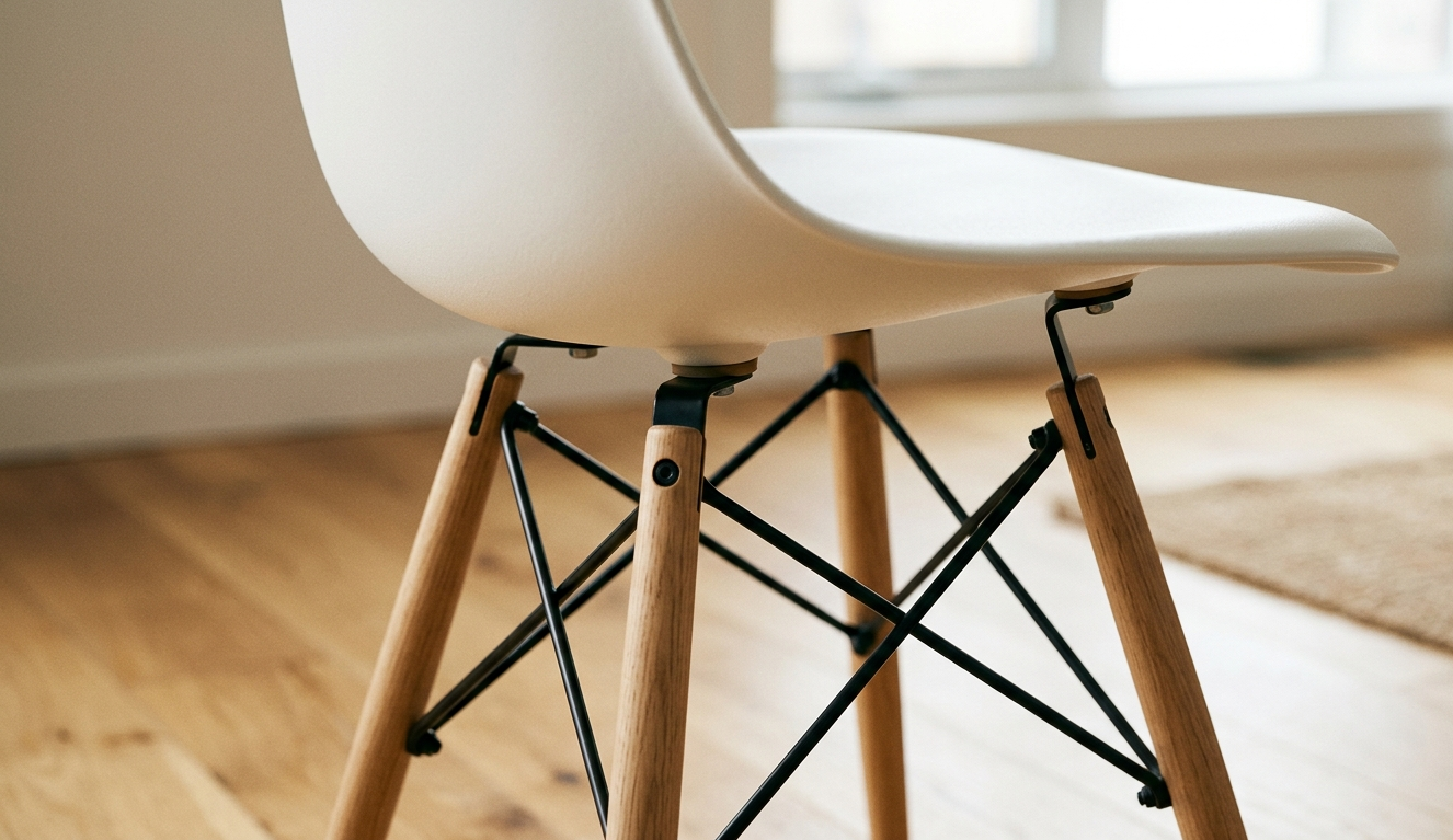 Detalhe da conexão entre assento e pernas da cadeira Eames DSW