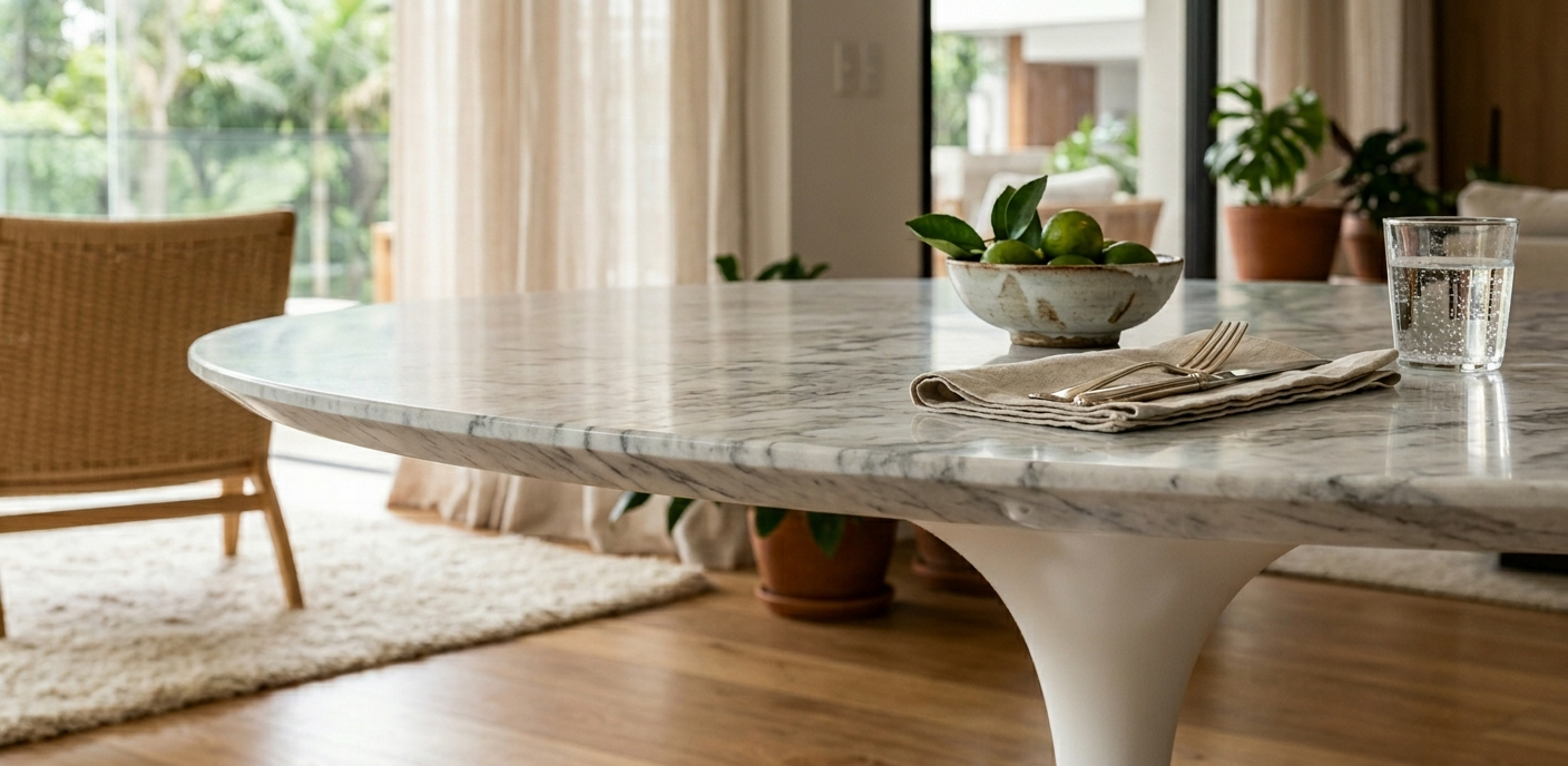 Detalhe do tampo de mármore da mesa saarinen com veios naturais